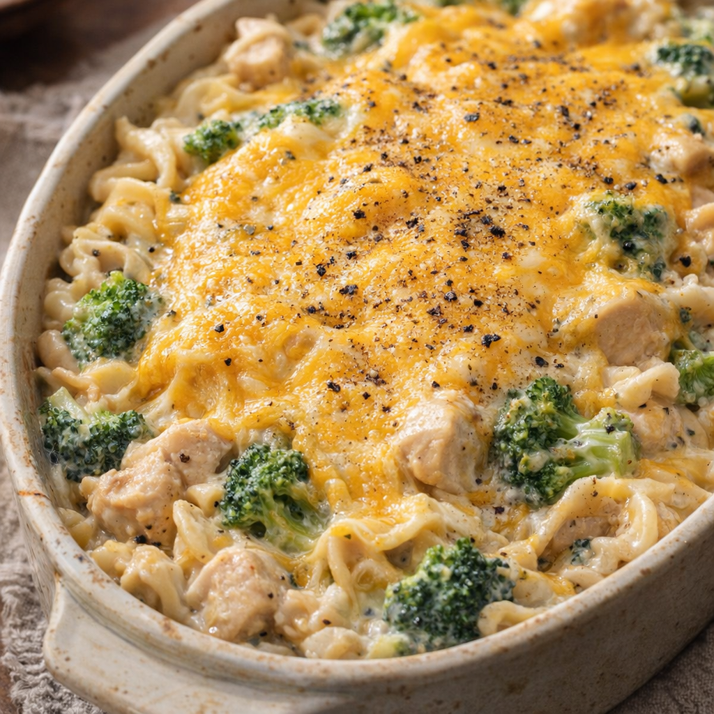 Finished broccoli chicken noodles topped with melted cheddar
