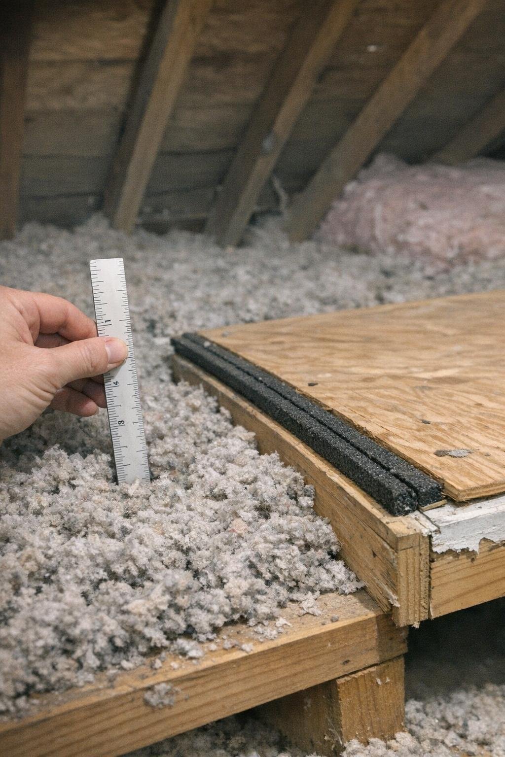 Attic insulation depth being checked near an attic hatch
