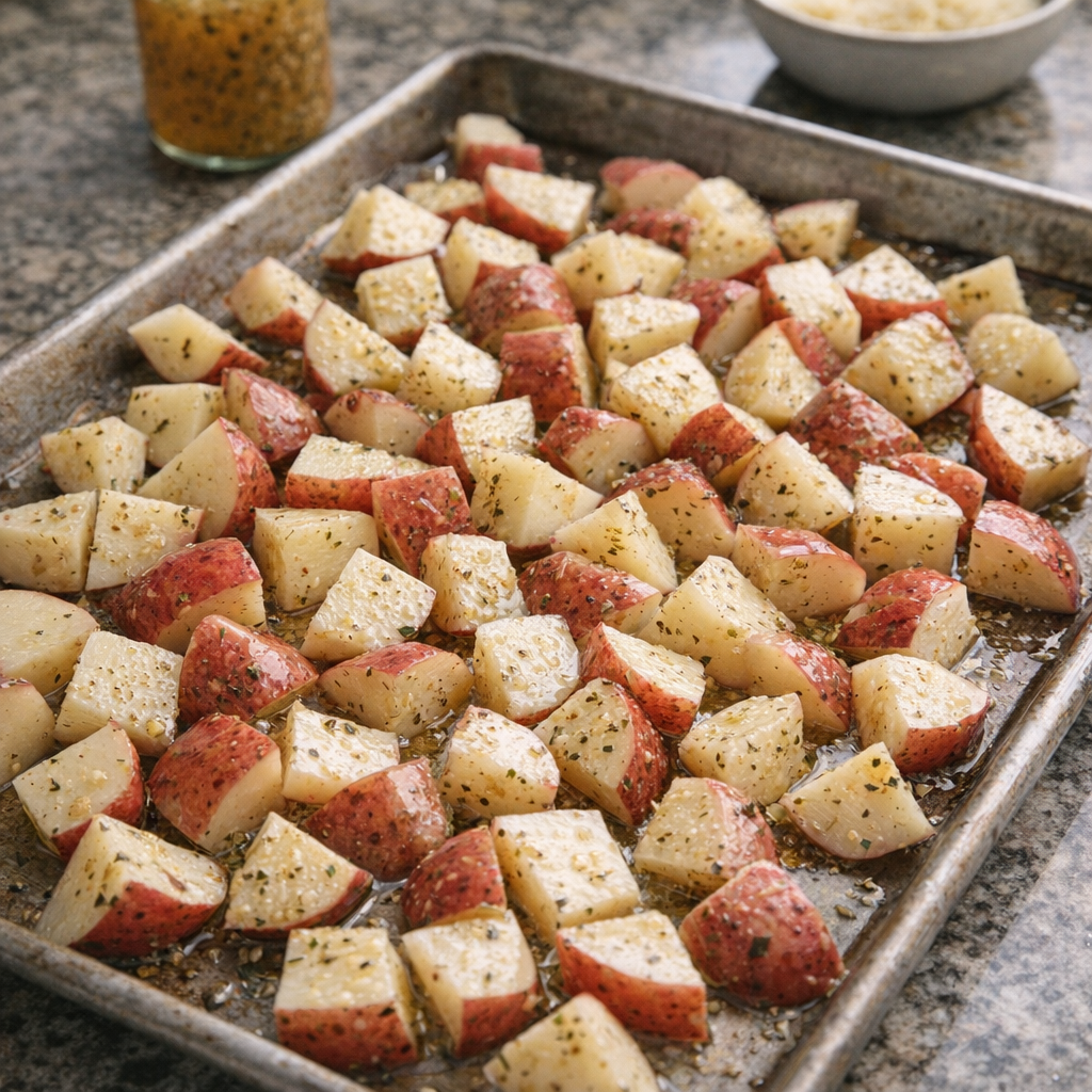 Cubed red potatoes on a sheet pan with Italian dressing ready for roasting
