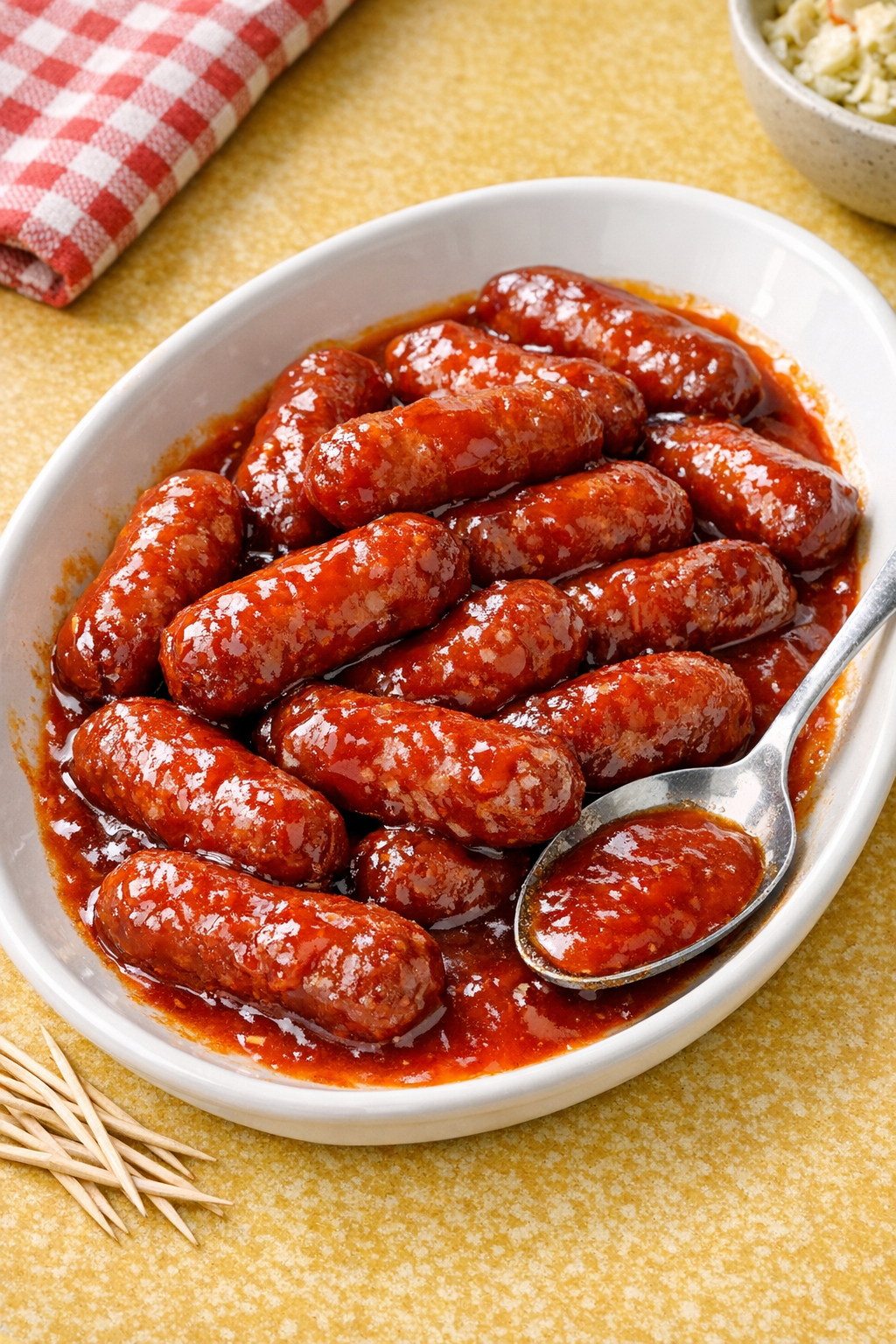 Plated poor man fireworks sausages in glossy sauce
