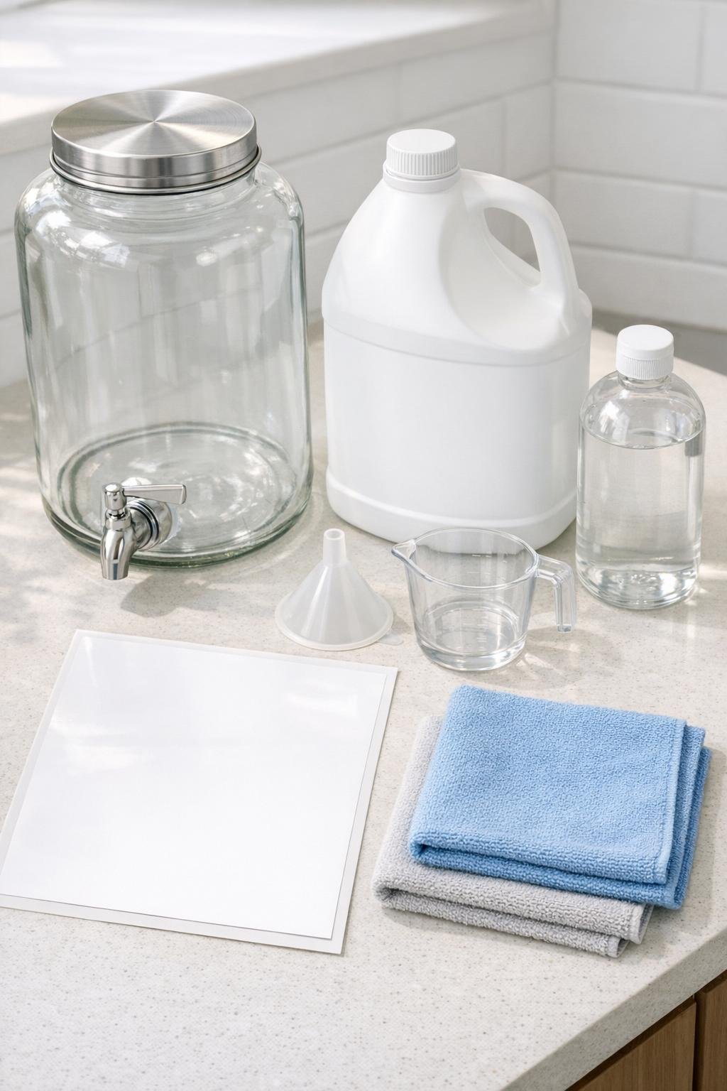 Materials for making a laundry room detergent dispenser laid out neatly on a counter