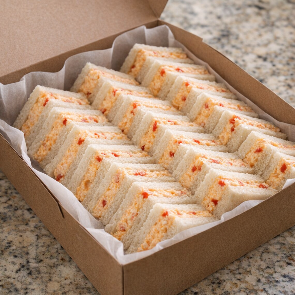 Bakery box packed with pimento cheese tea sandwich triangles