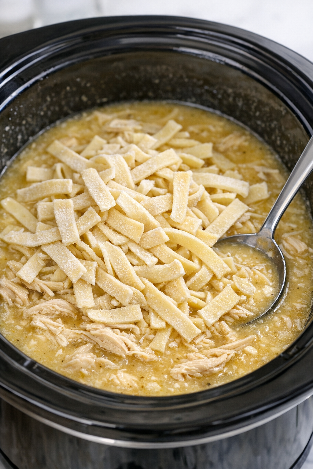 Frozen egg noodles stirred into shredded chicken and broth
