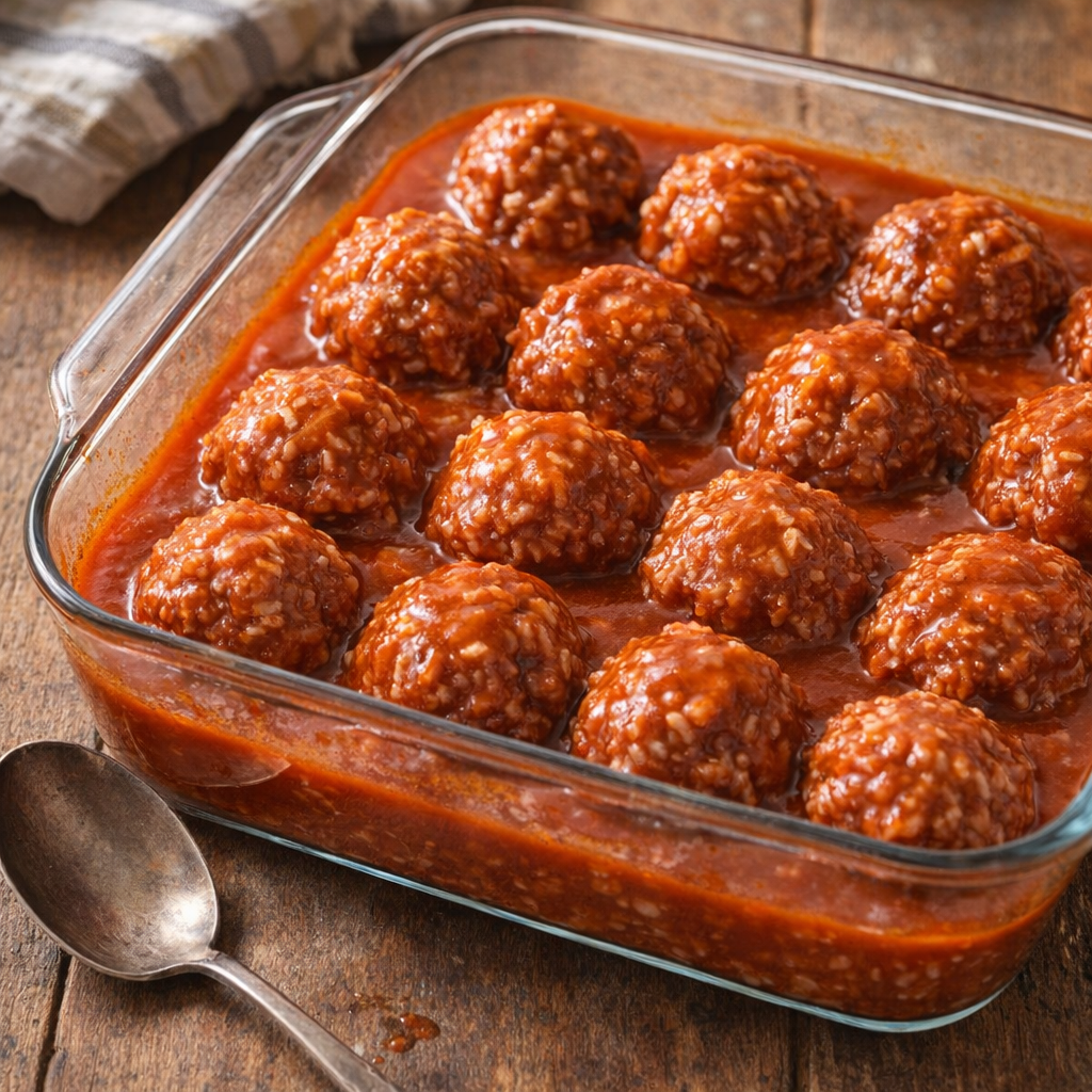 Baked porcupine meatballs in tomato sauce in a casserole dish
