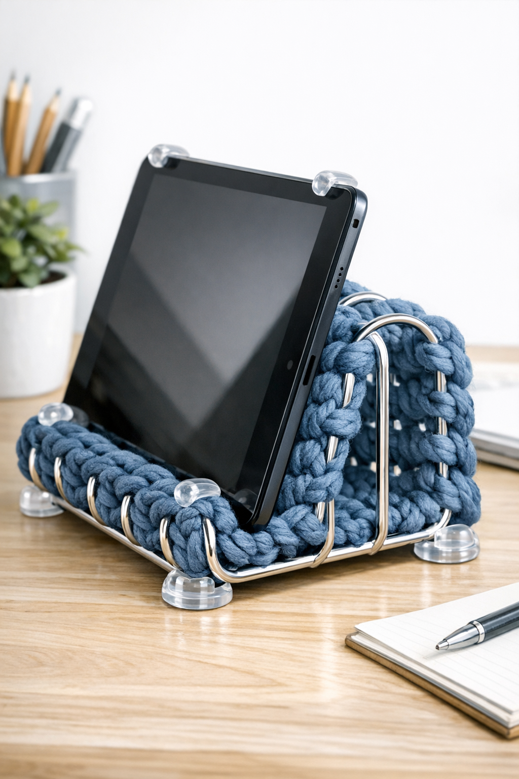 Finished crocheted slate blue tablet stand made from a sideways metal toast rack