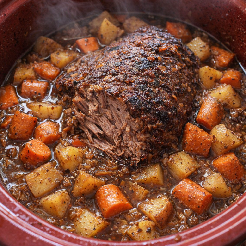 Pot roast with carrots and potatoes in gravy