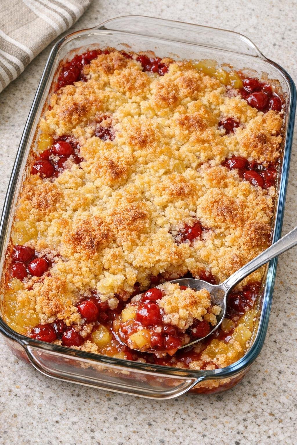 Finished cherry pineapple dump cake in a glass baking dish