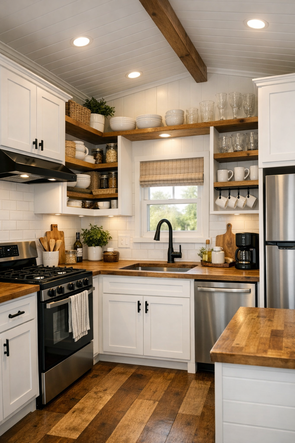 Farmhouse RV kitchen with white cabinetry, warm countertops, and black hardware