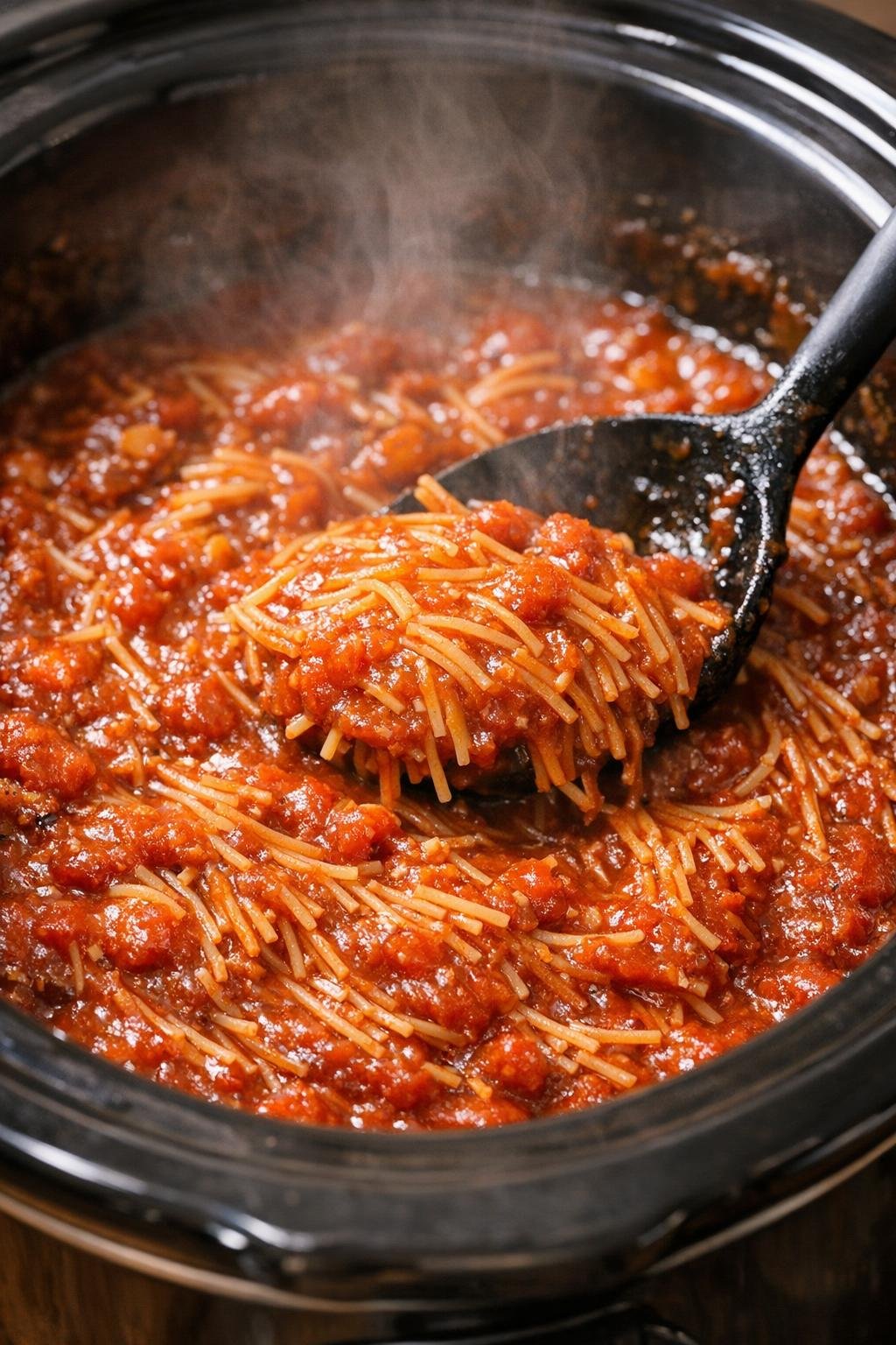 Tender capellini cooking in thick sauce