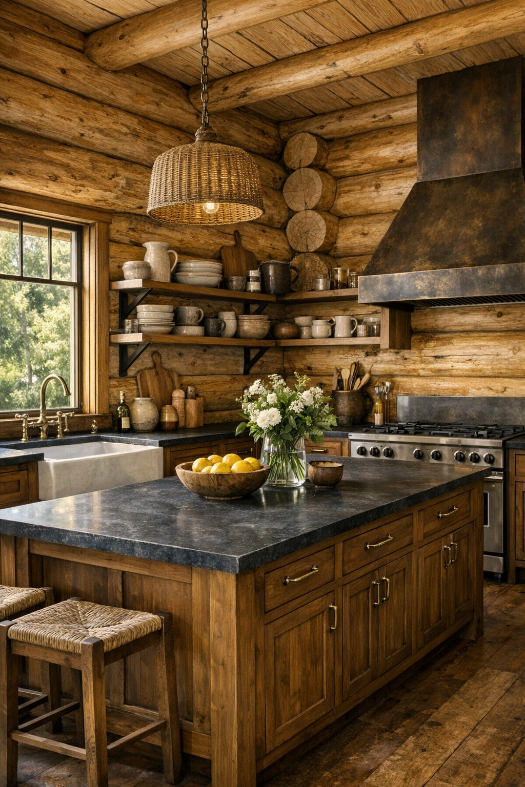 Kitchen with handcrafted wood cabinetry, dark stone counters, and a large island