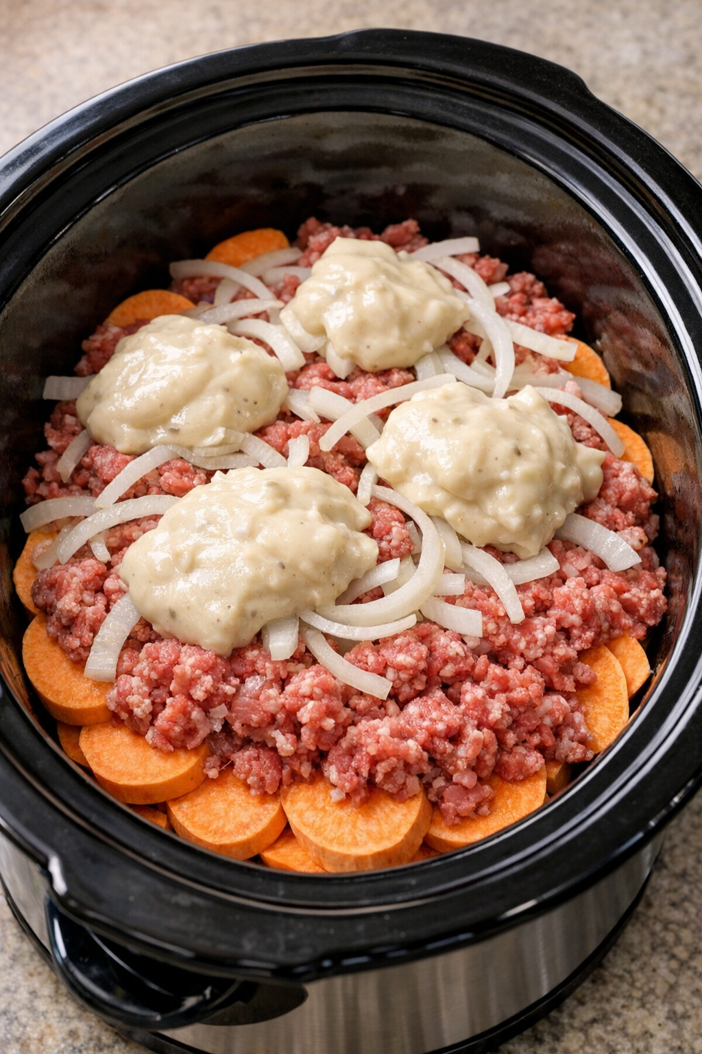 Layered sweet potatoes, beef, onion, and soup in a slow cooker before cooking
