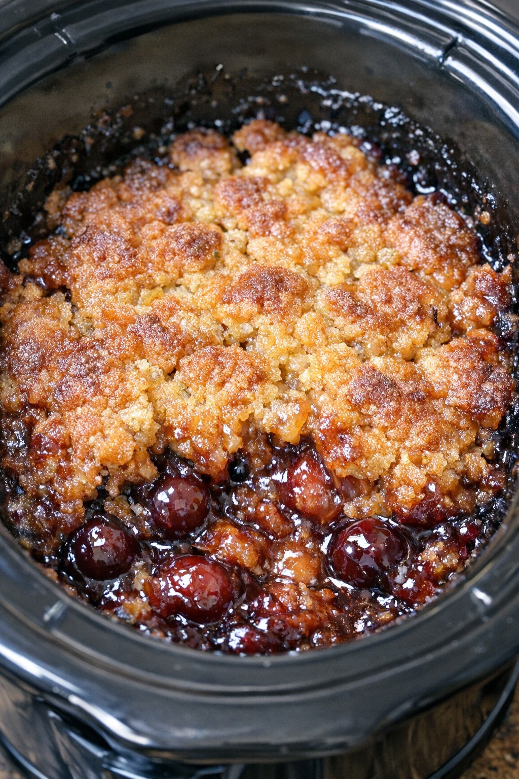 Slow cooker cherry cola dump cake in a black slow cooker
