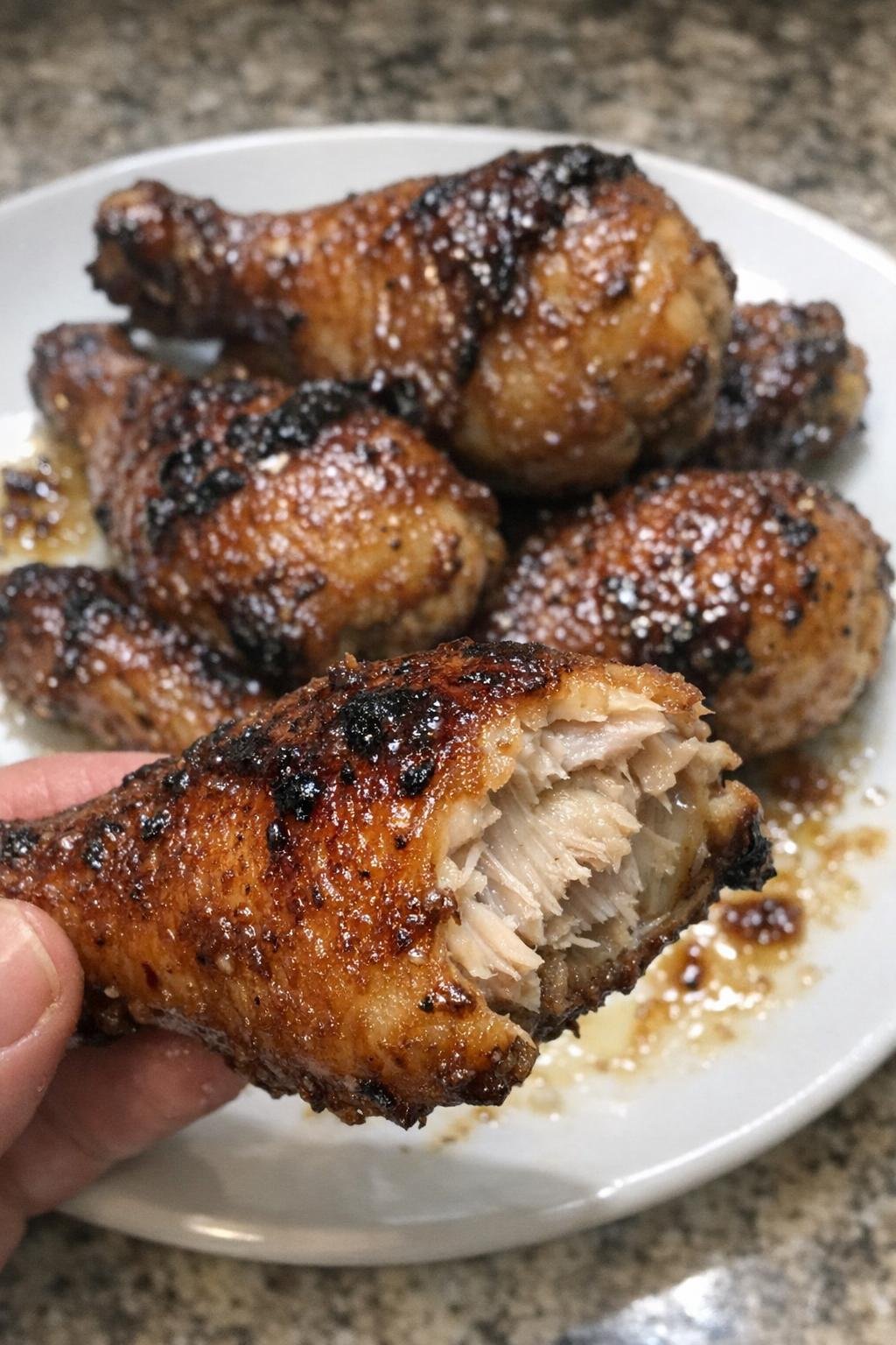 Sticky caramelized roasted chicken drumsticks on a white plate