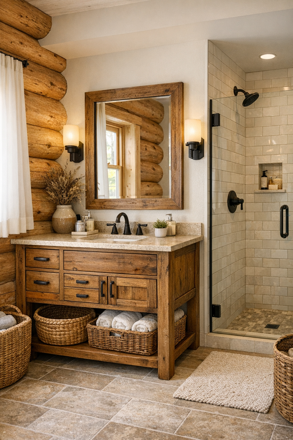 Bright rustic bathroom with handcrafted wood vanity, stone counter, and simple tile shower