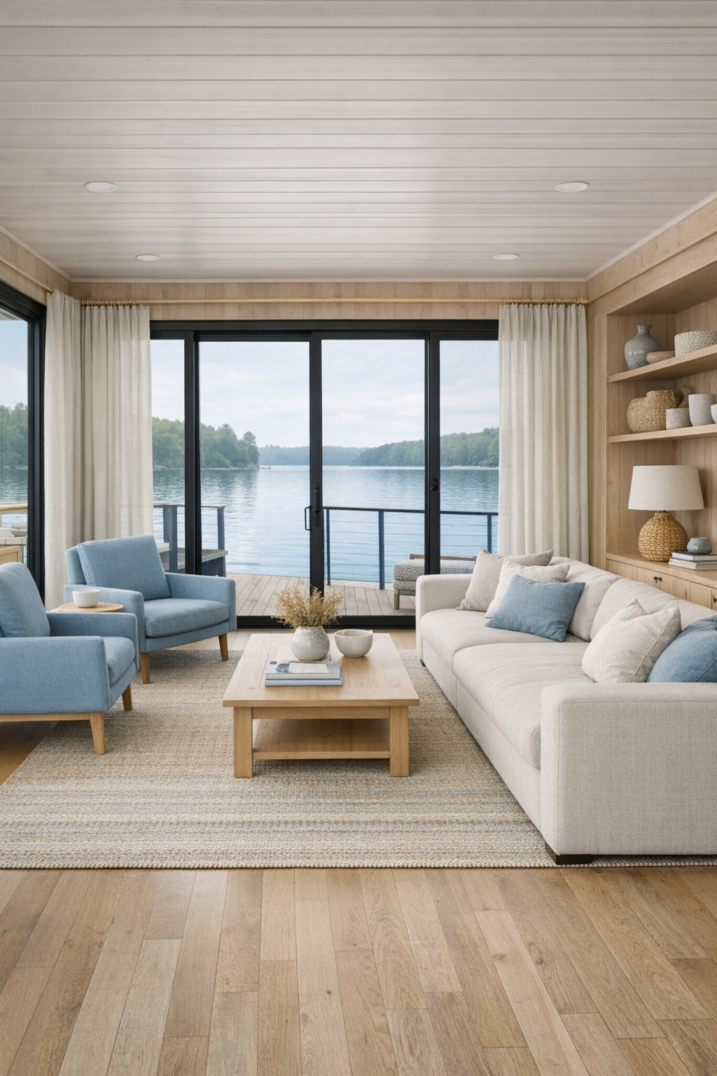 Bright barrier-free living room with lake views, pale wood finishes, and soft blue seating