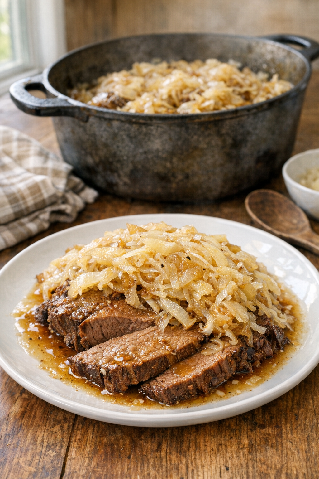 Finished Amish beef and sauerkraut bake plated in a rustic setting