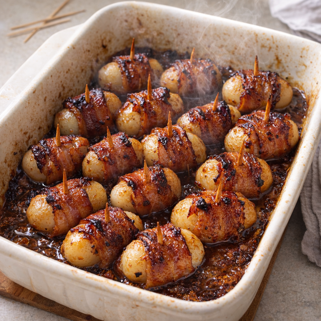 Bacon wrapped water chestnuts fresh from the oven in a casserole dish