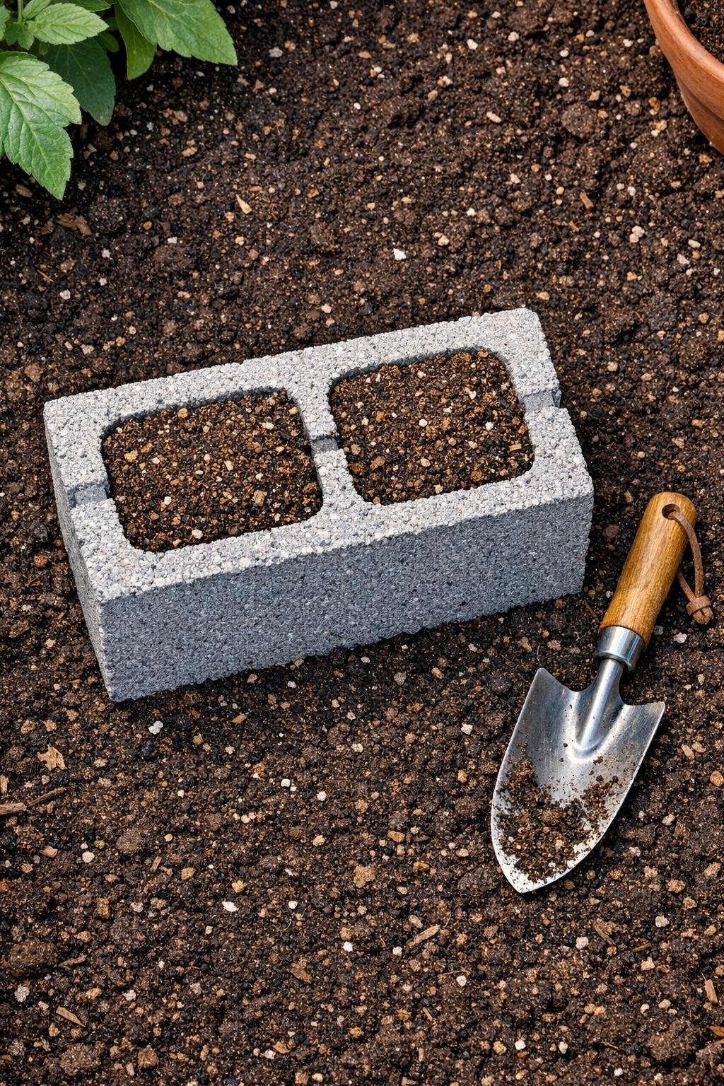 Completed cinder block soil amendment mixing station with evenly blended soil