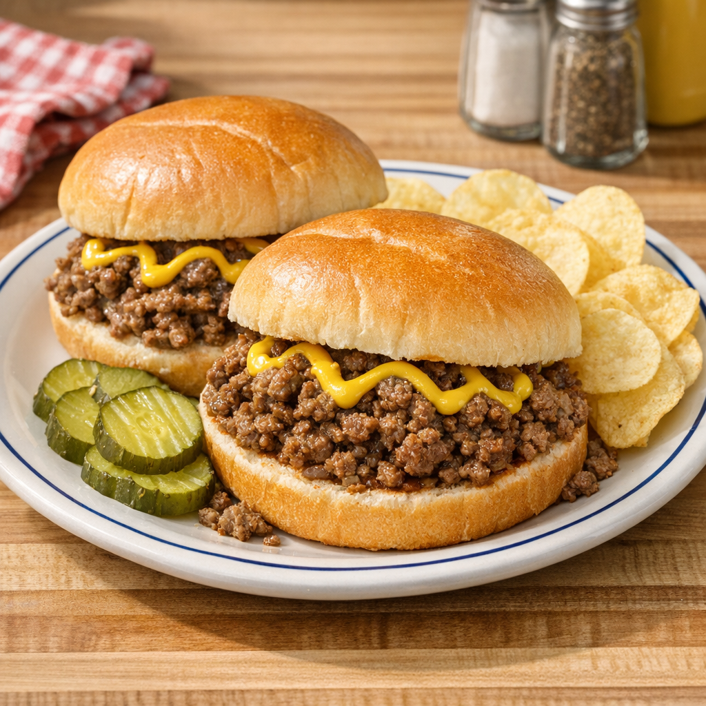 Finished loose meat sandwiches on buns with pickles and mustard
