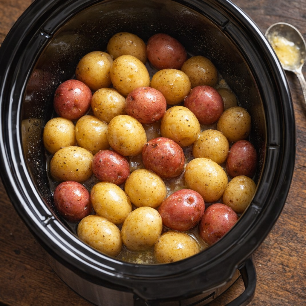 Creamer potatoes arranged in a slow cooker crock