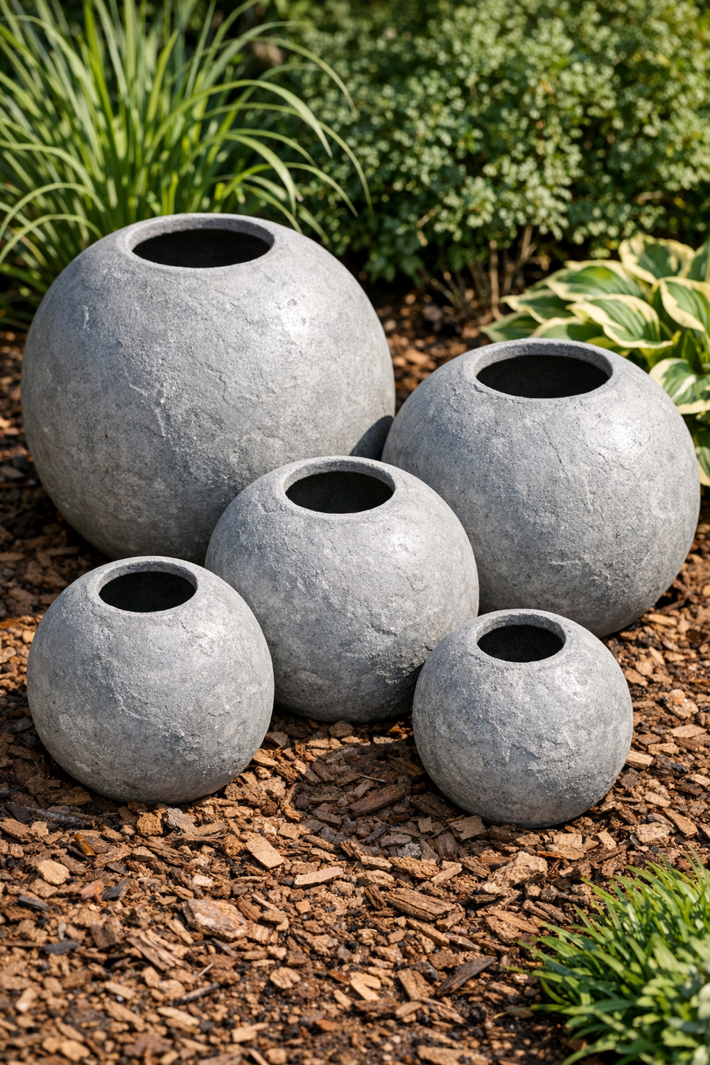 Finished hollow cement garden spheres with carved stone texture