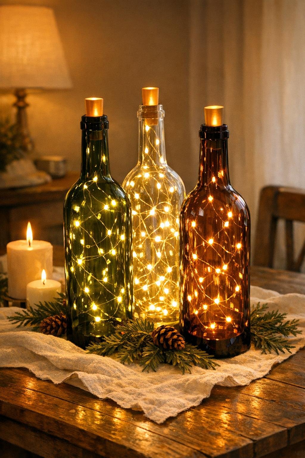 Finished glowing wine bottle luminaries styled on a dining table