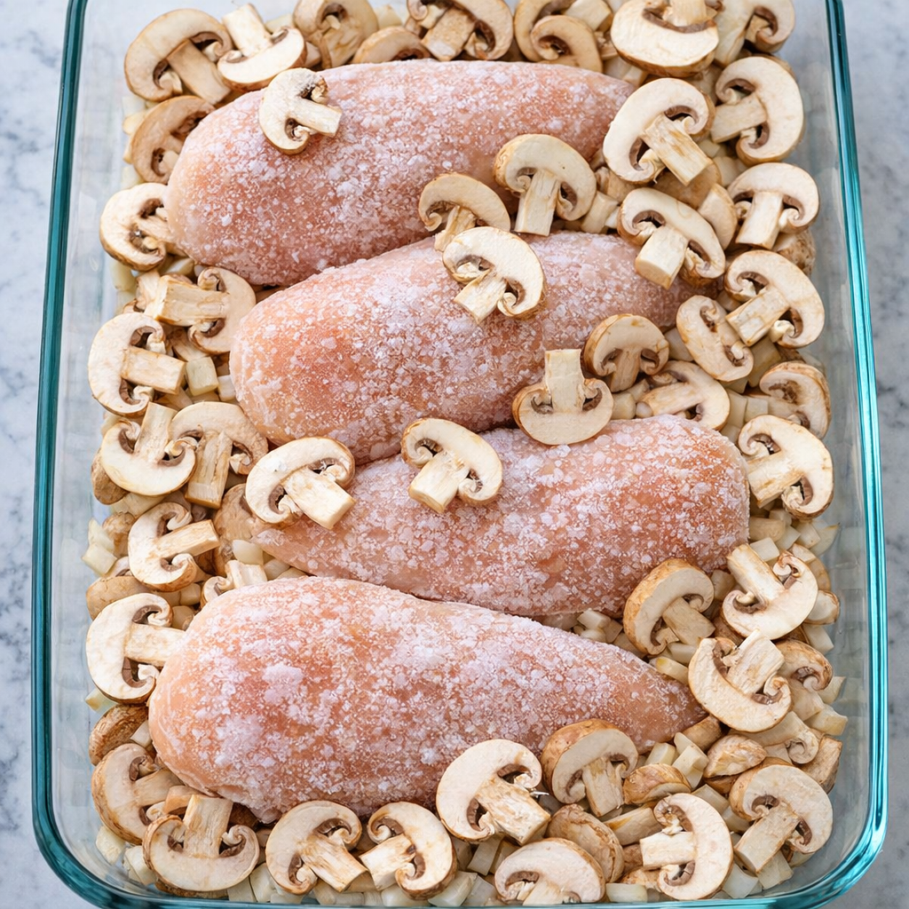 Mushrooms scattered around frozen chicken