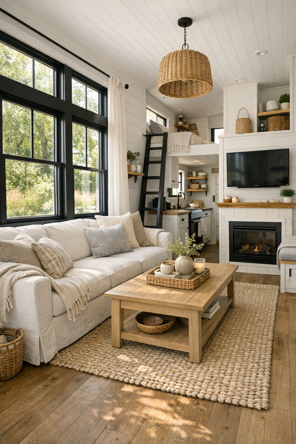 Bright farmhouse-style RV living room with ivory sofa and pale wood finishes