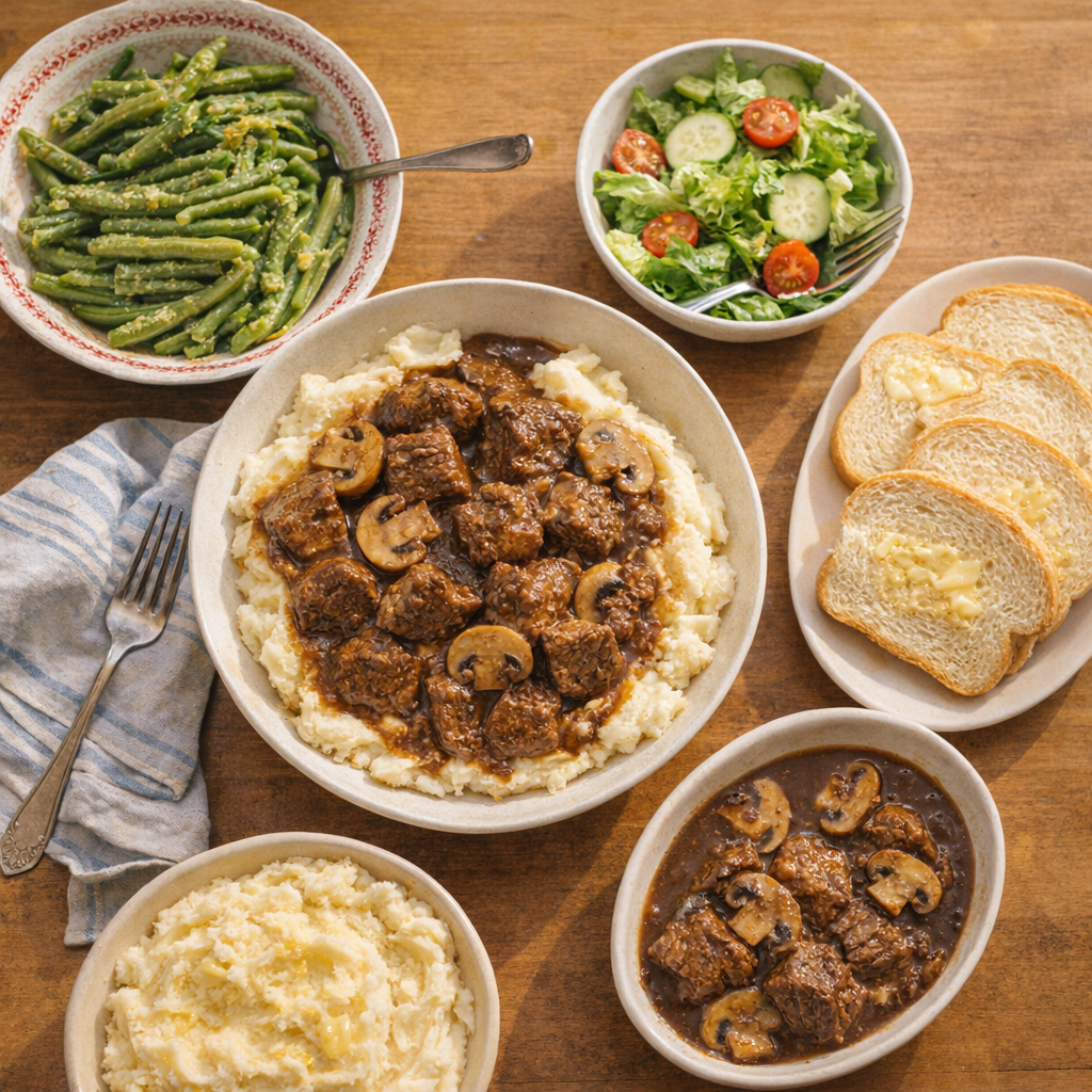 Sunday supper table with beef tips and simple side dishes