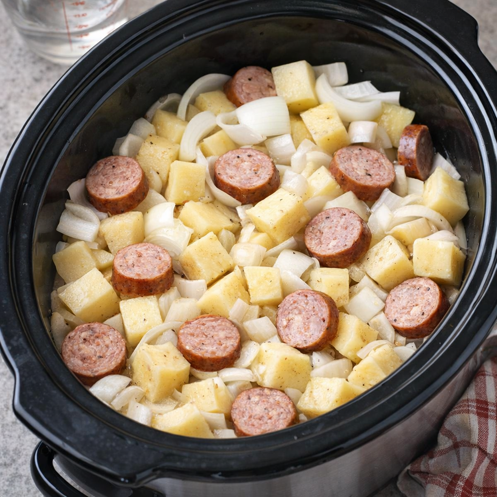 Slow cooker filled with potatoes, onion, and sliced sausage before cooking