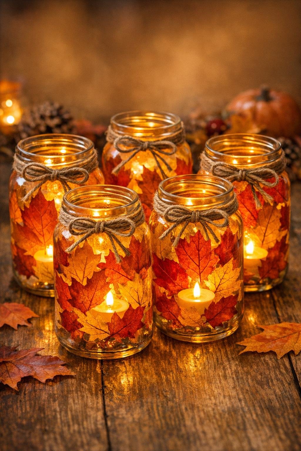 Finished set of five fall jar luminaries glowing on a table