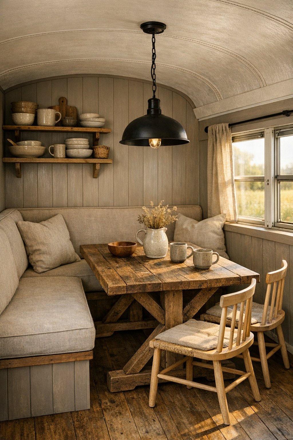 Cozy dining nook in a converted bus with banquette seating and reclaimed wood table
