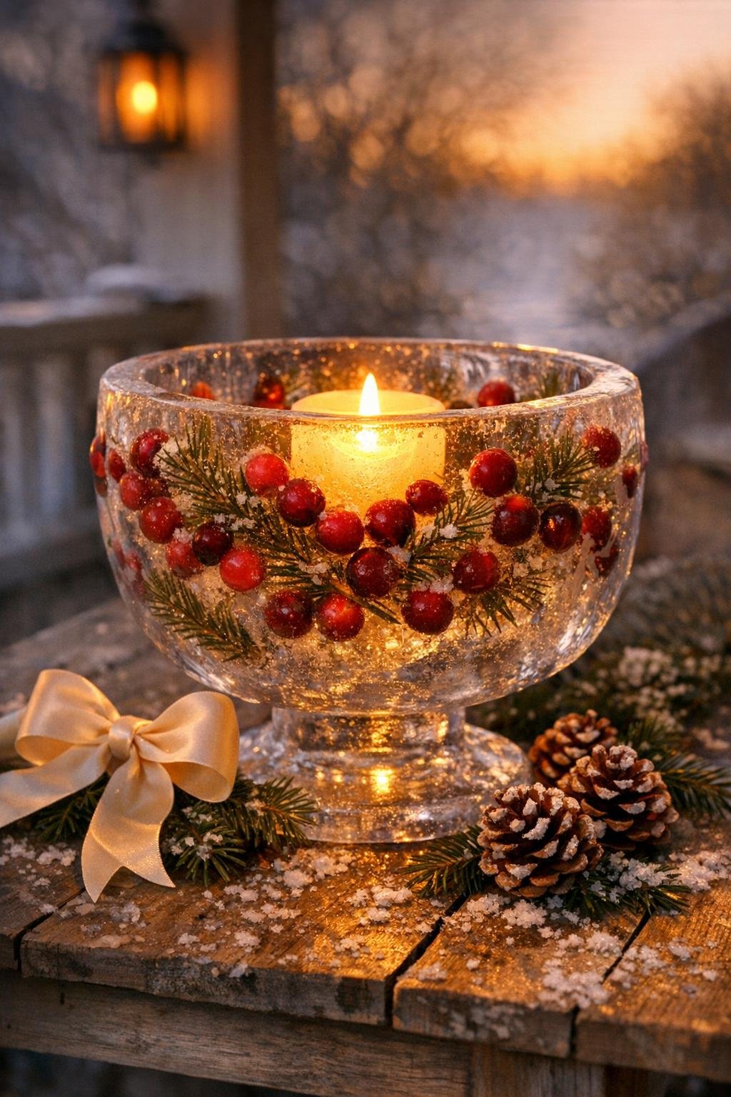 Finished frozen evergreen ice centerpiece bowl glowing with a candle on a winter porch