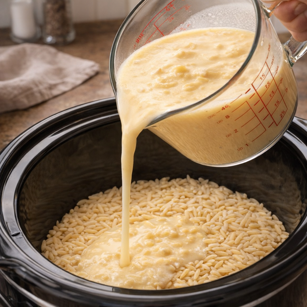 Broth and soup mixture being poured over orzo in a slow cooker