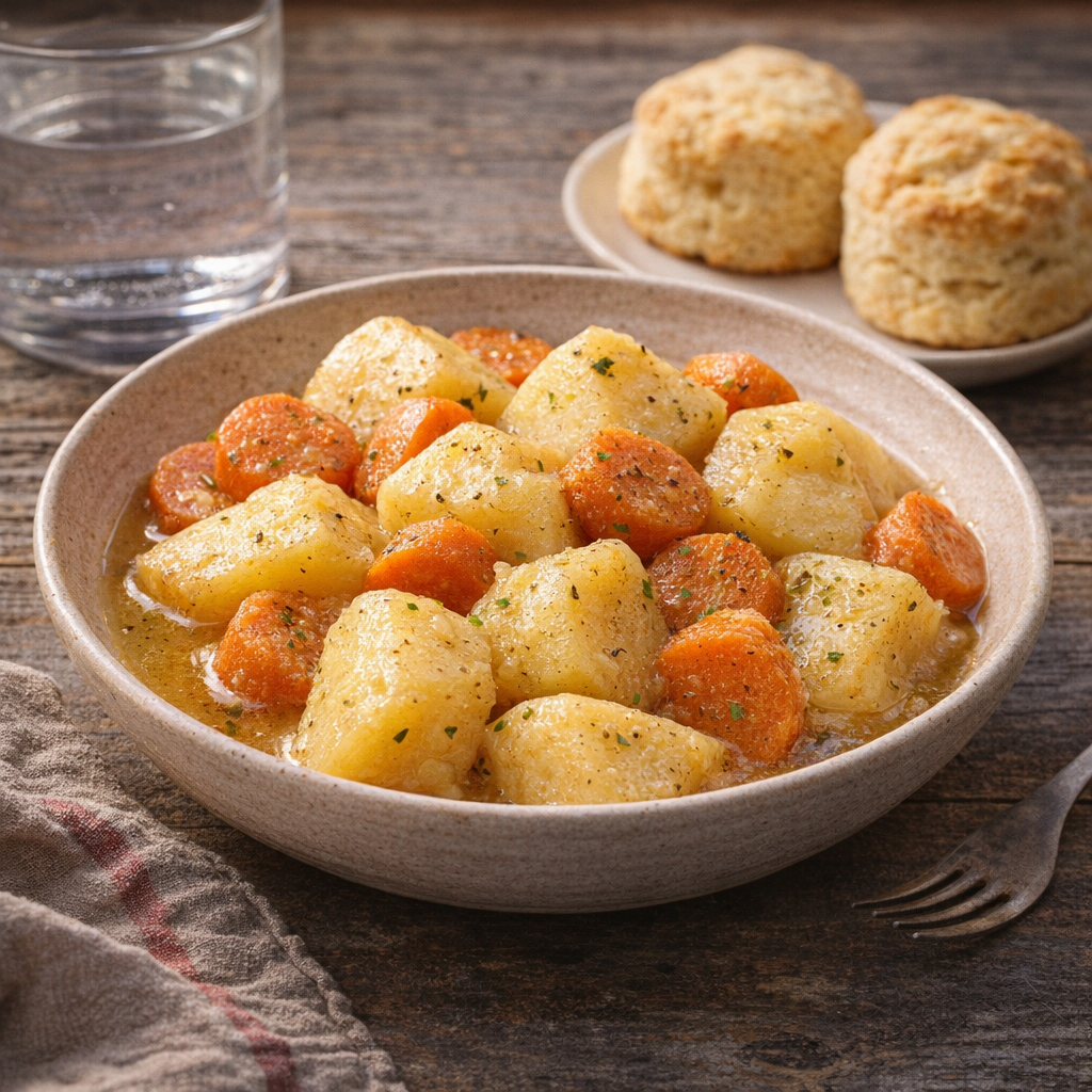 Potatoes and carrots served with biscuits on a farmhouse table