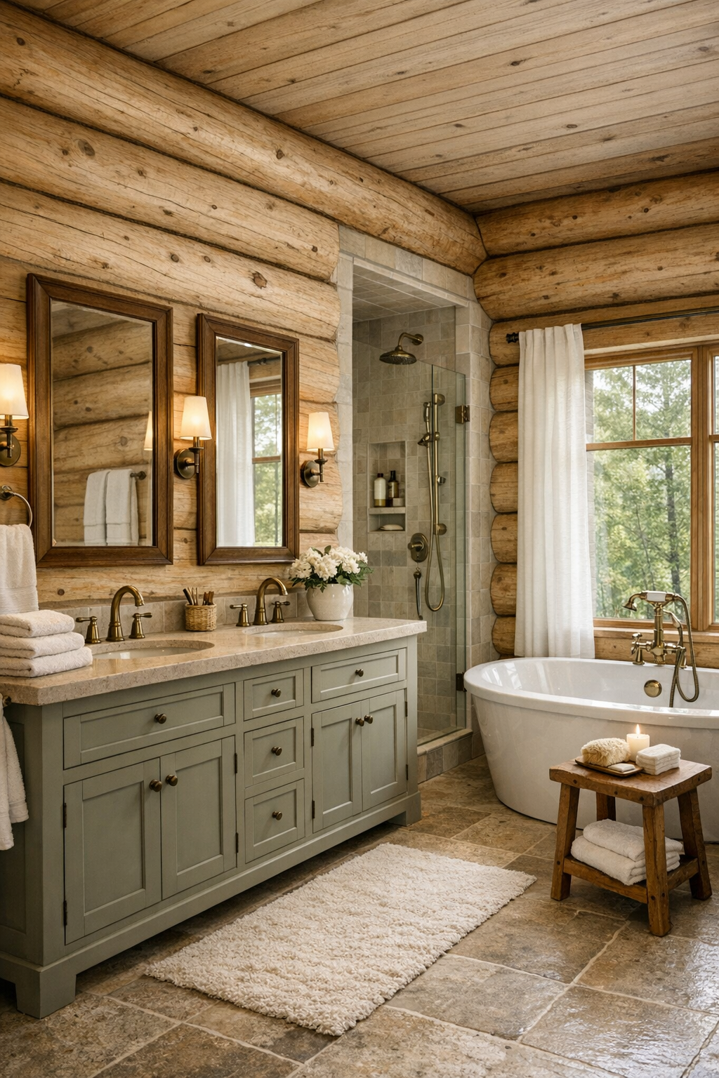 Bright rustic bathroom with stone finishes and soaking tub