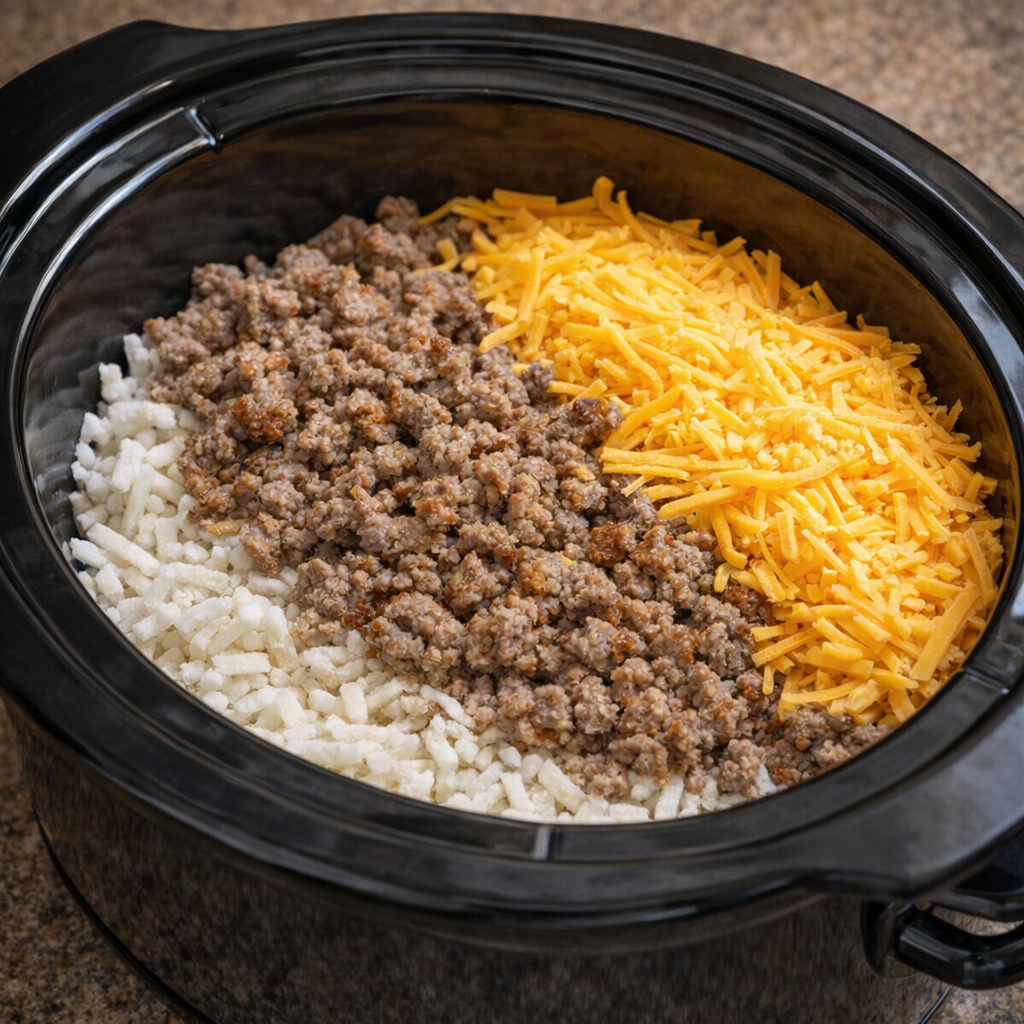 Layered hash browns sausage and cheese in a slow cooker