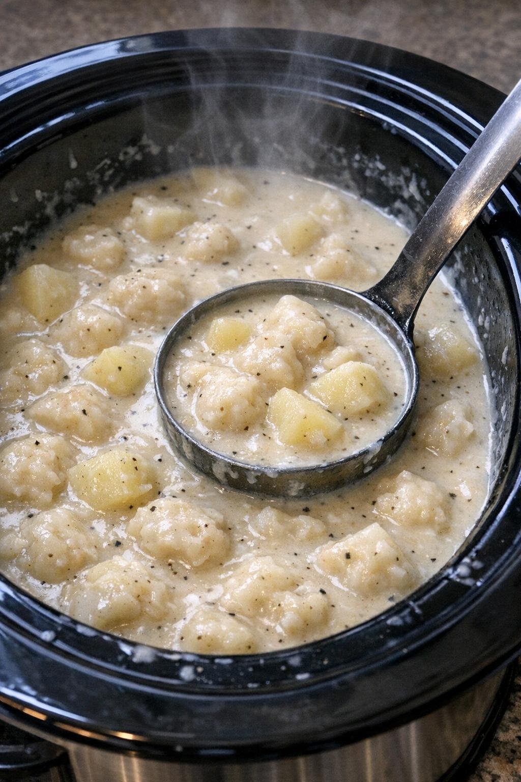 Creamy dumpling and potato soup in a slow cooker