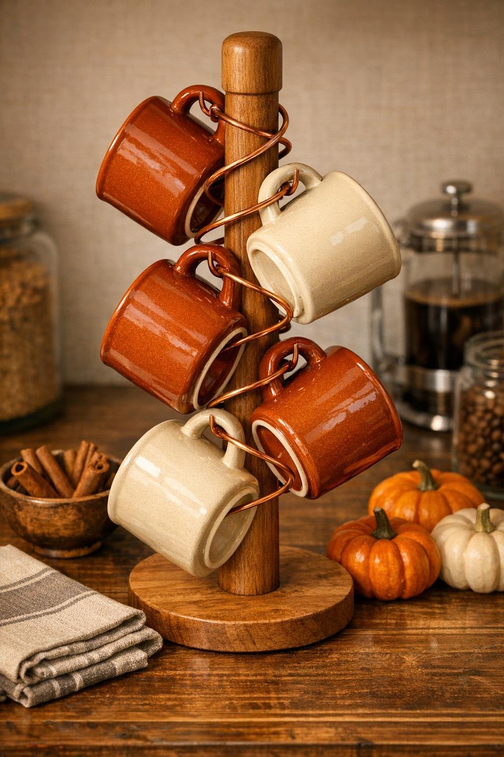 Finished autumn mug tree made from a wooden paper towel holder and ceramic mugs