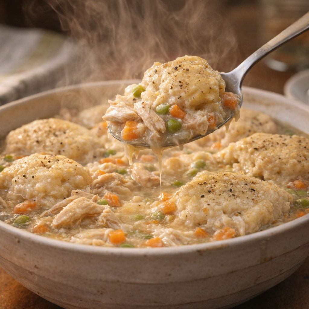 Family-style bowl of chicken and biscuits with a spoonful lifted