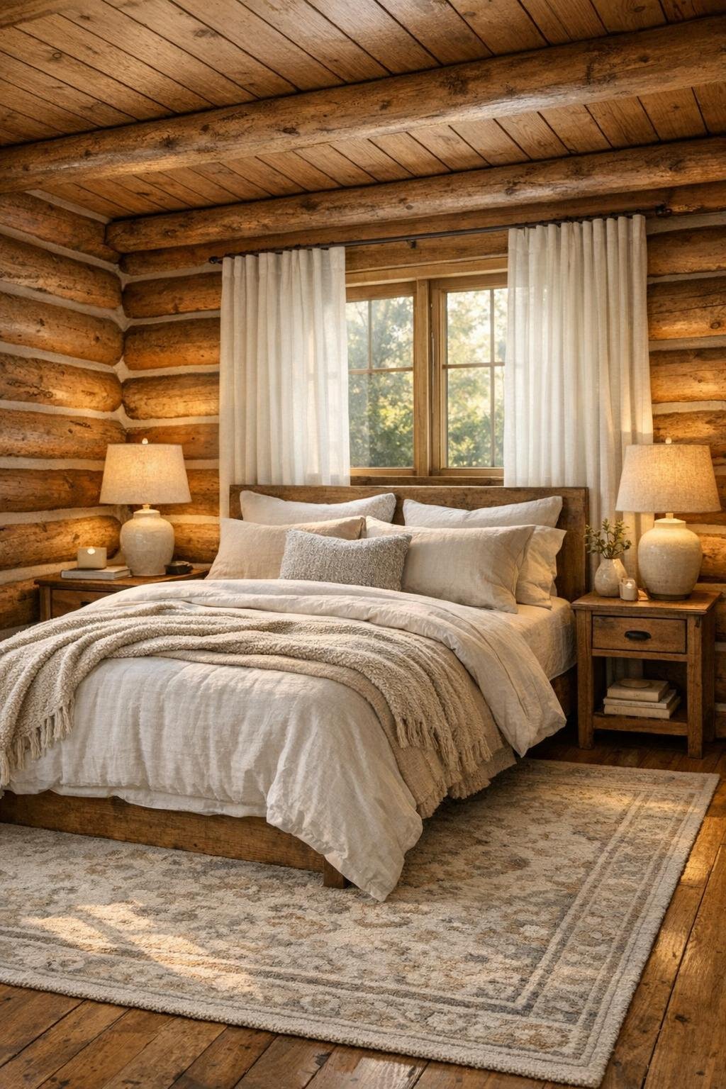 Peaceful bedroom with layered neutral bedding, soft curtains, wood nightstands, and warm morning light