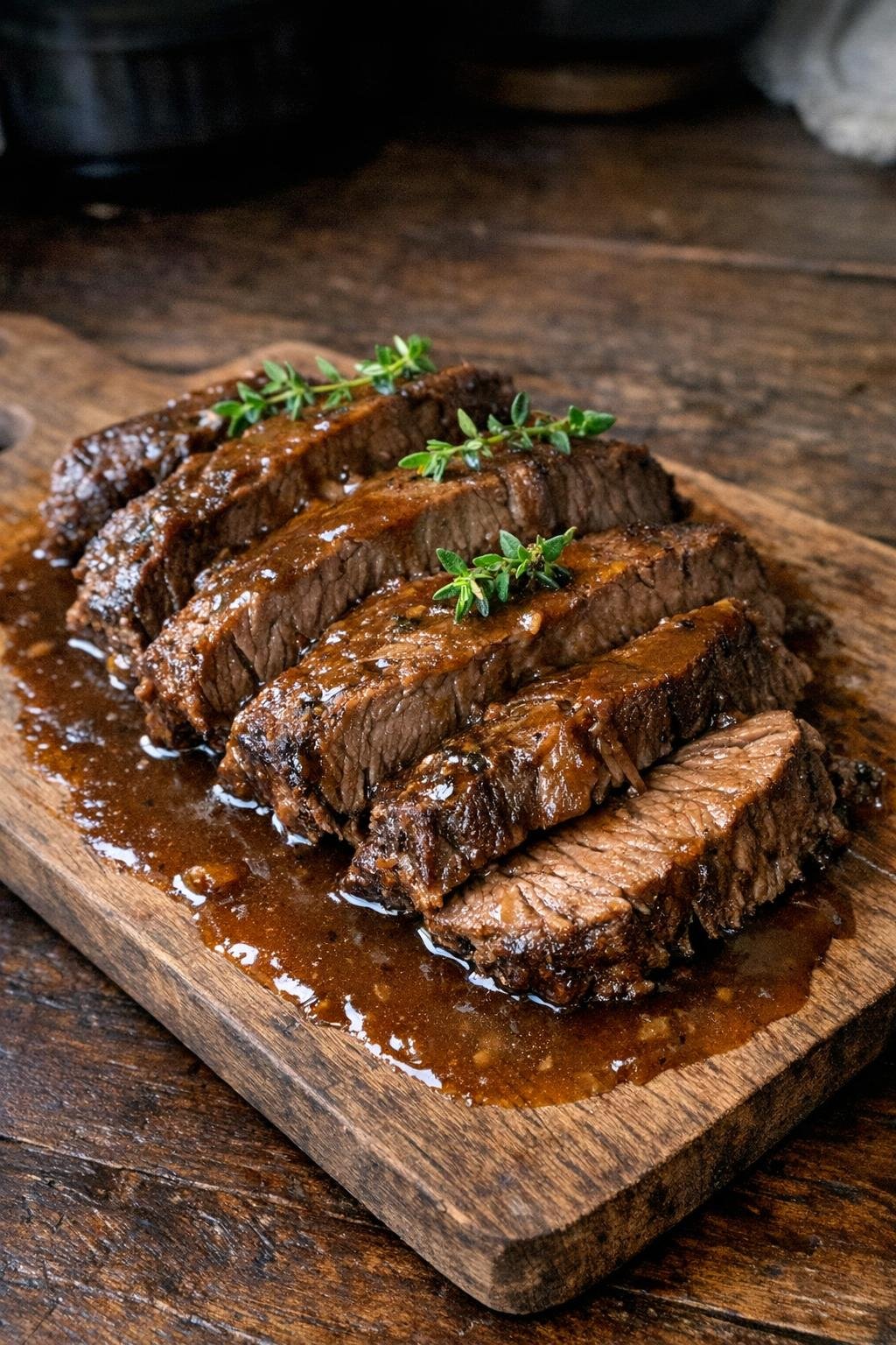 Finished plated slow cooker rump roast with gravy