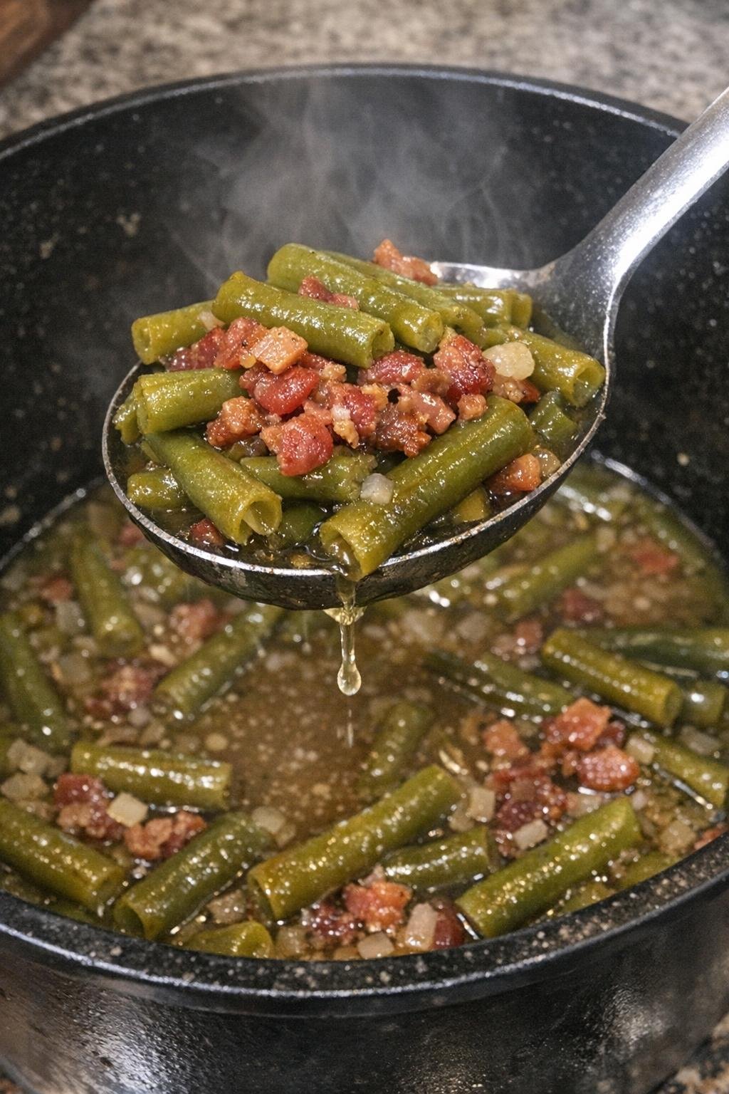 Tender simmered green beans with bacon in a black pot