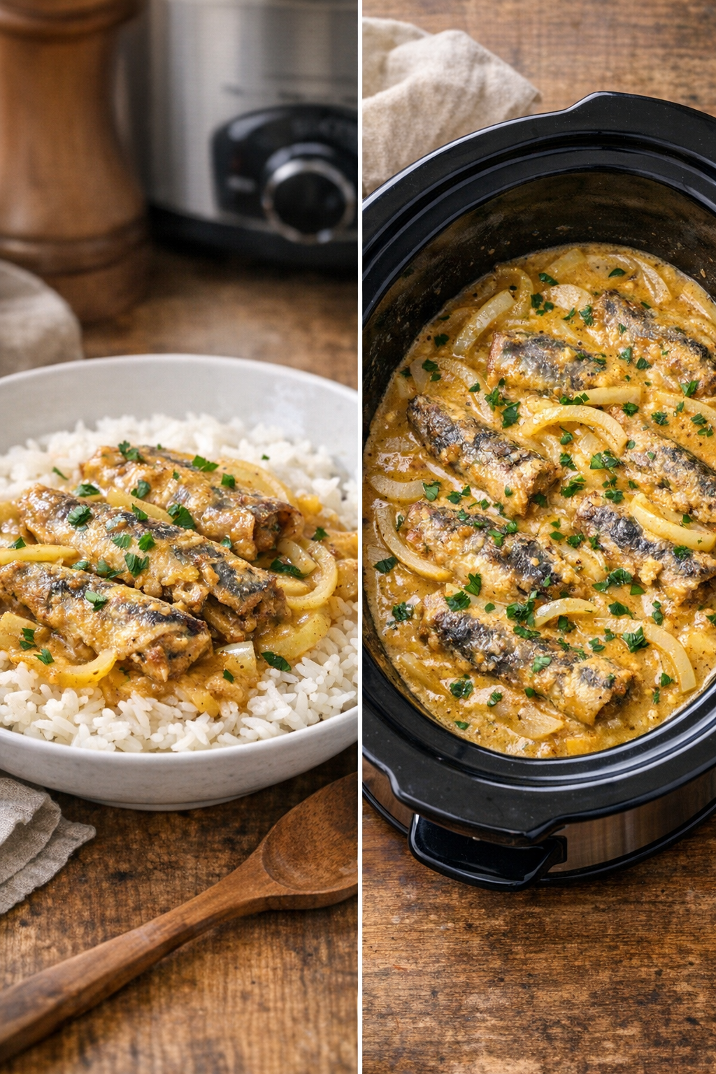 Finished slow cooker mustard sardines plated for serving