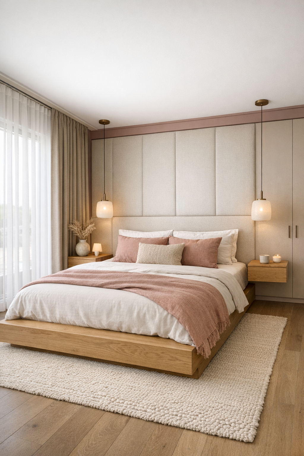 Serene bedroom with a light oak platform bed, warm neutral textiles, dusty rose accents, and layered window treatments