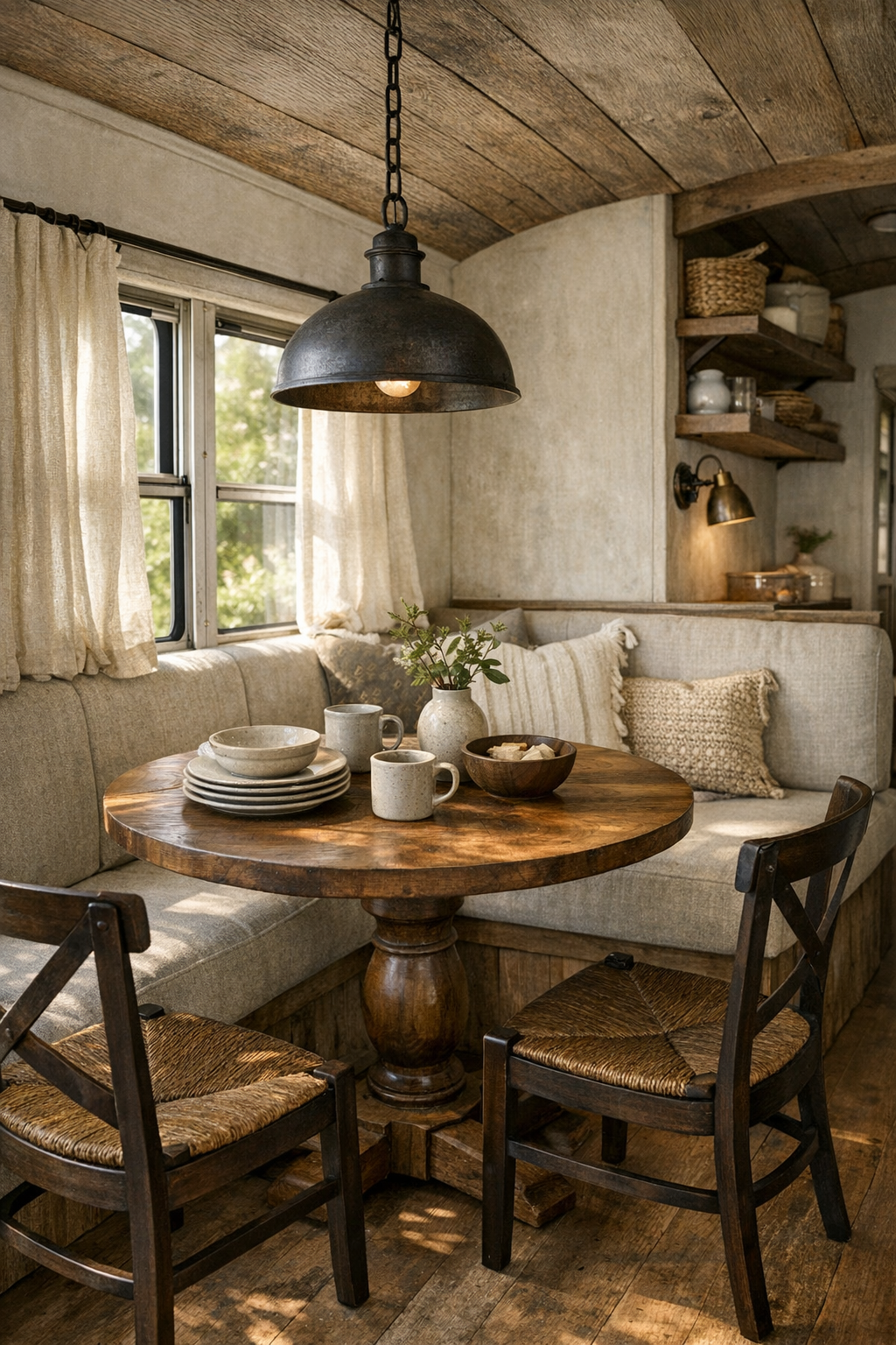 Cozy bus dining nook with banquette seating and round wood table