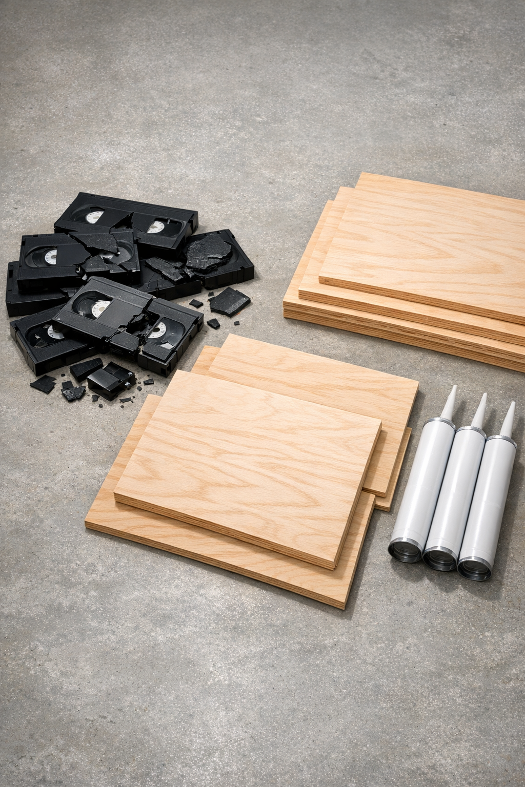 Cracked black VHS tapes, plywood sheets, and construction adhesive laid out together