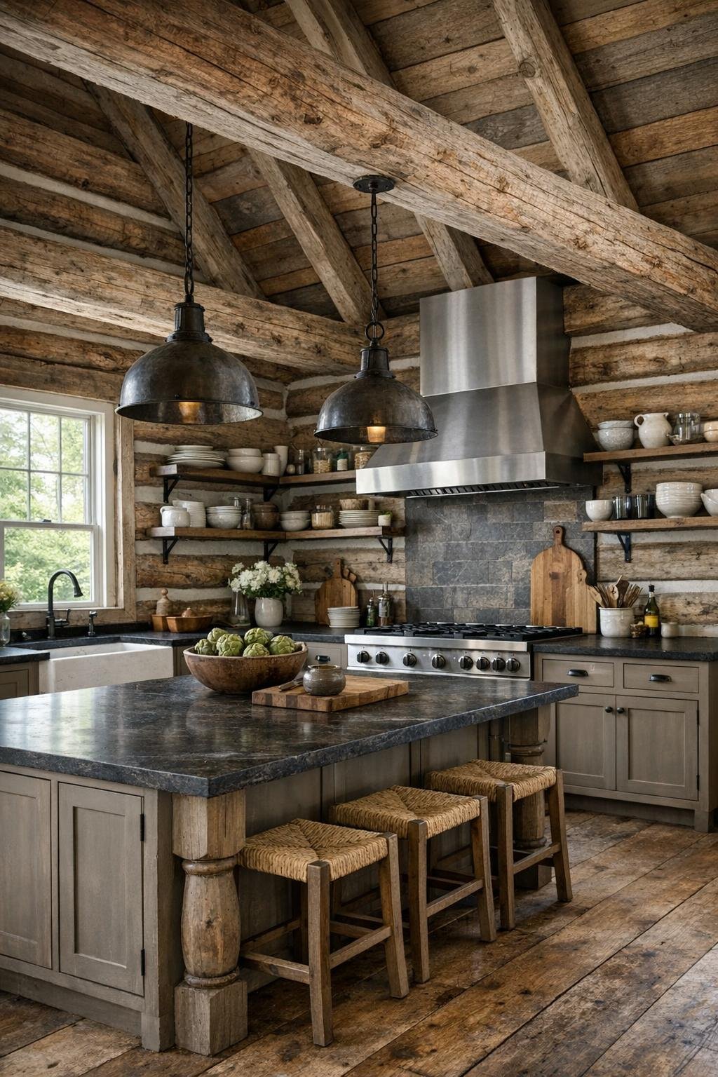 Barn-conversion kitchen with mushroom cabinets, dark counters, and a large central island