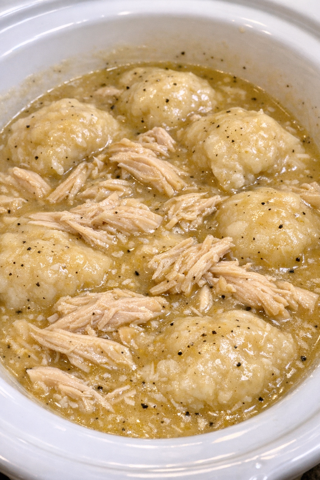 Slow cooker Amish chicken and dumplings in a white slow cooker