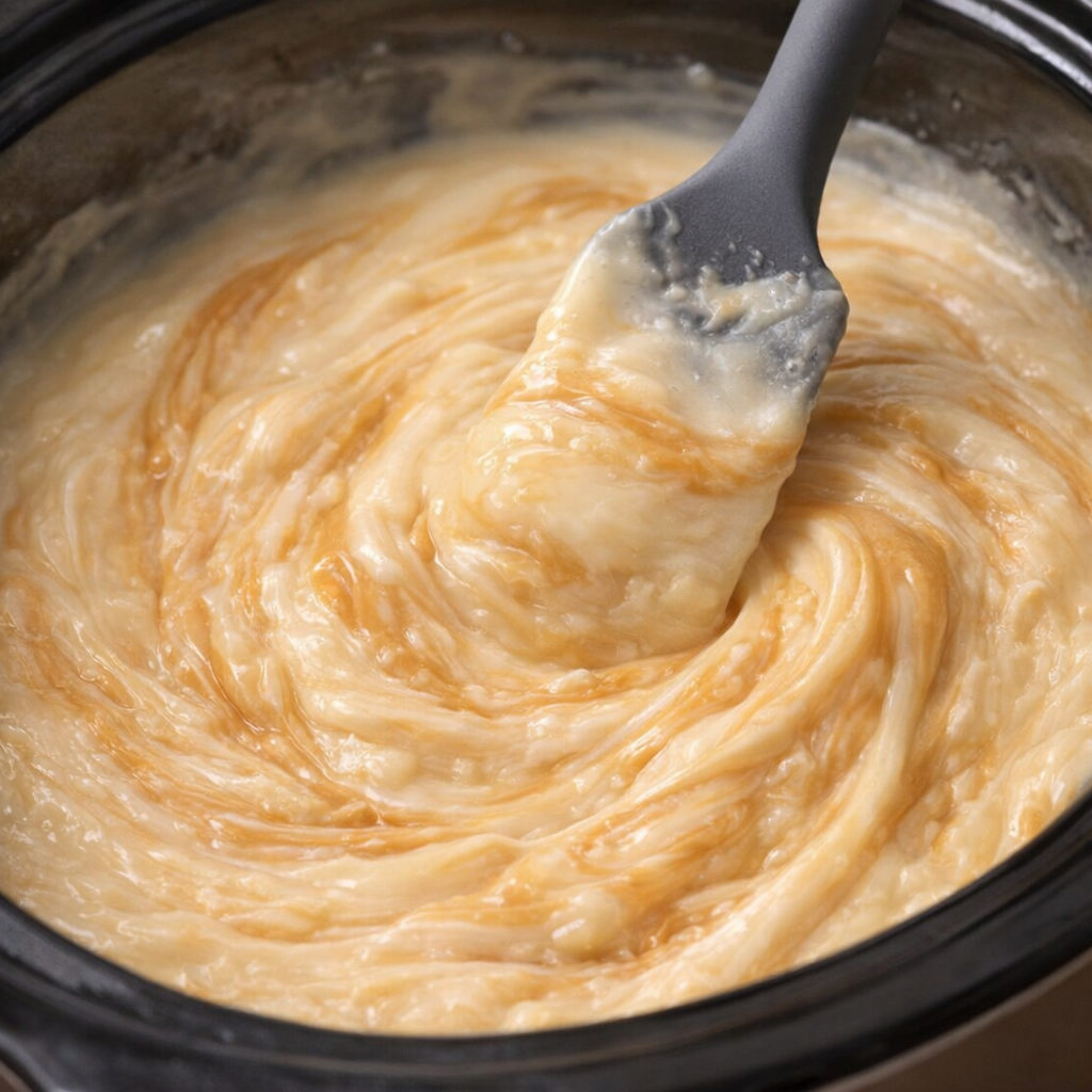 Glossy melted fudge mixture being stirred in slow cooker bowl